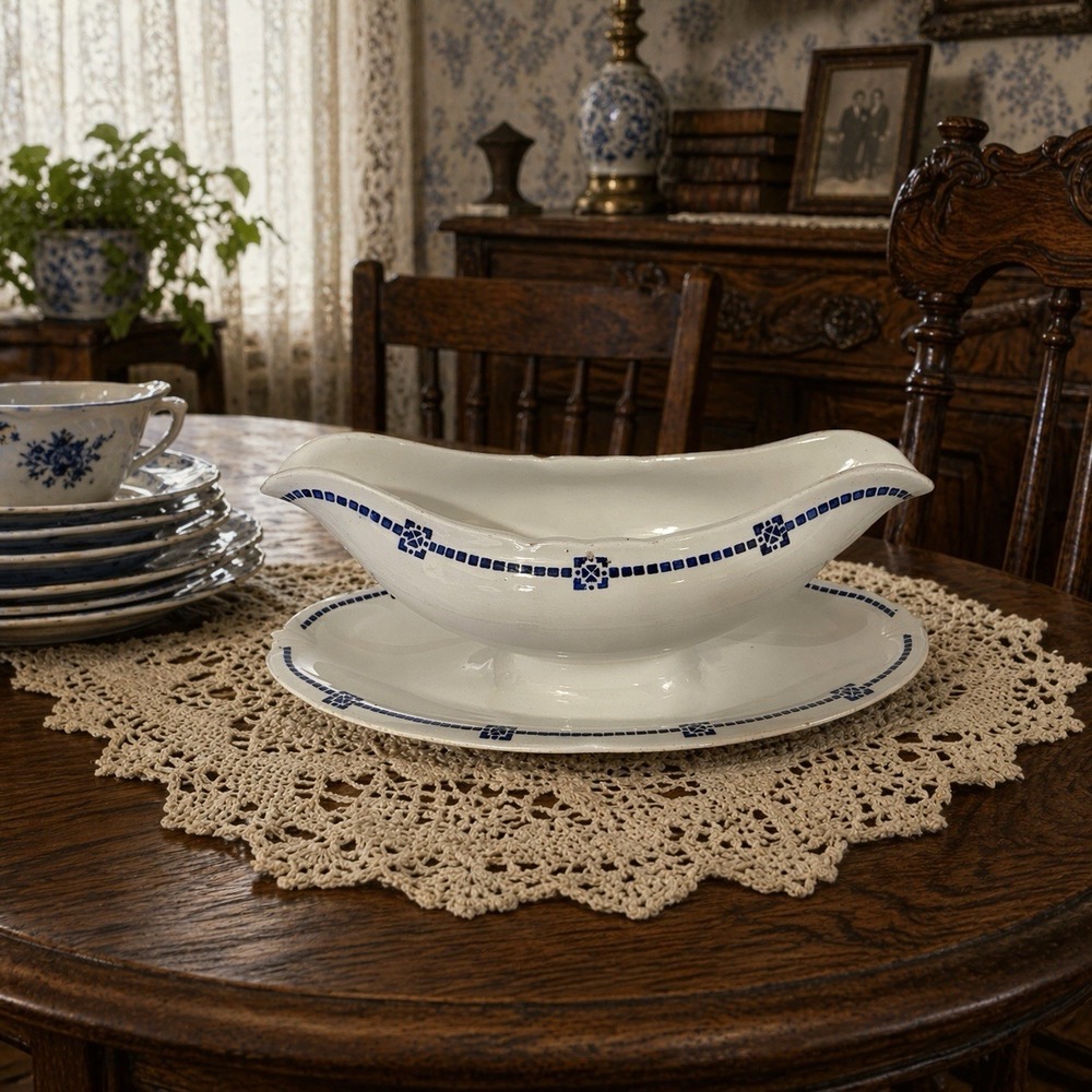 Antique‎ Villeroy & Boch Dresden Gravy Boat Underplate Blue Border c1900 Germany
